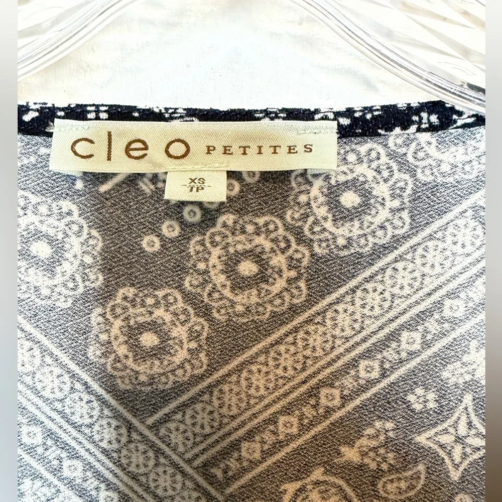 Cleo Petite XS Navy Blue Bandana Print Square Neck Puff Sleeve Top Boho Hippie